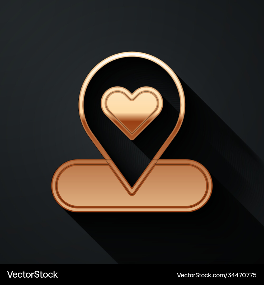 Gold map pointer with heart icon isolated on black Gold map pointer with heart icon isolated on black vector image