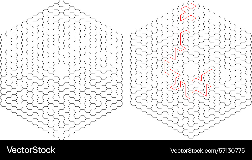 Mazes one solved with a red path Mazes one solved with a red path vector image