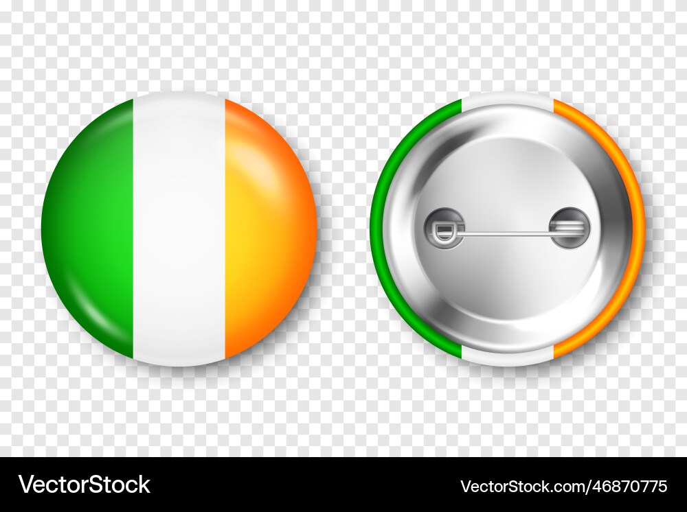 Realistic button badge with printed irish flag vector image