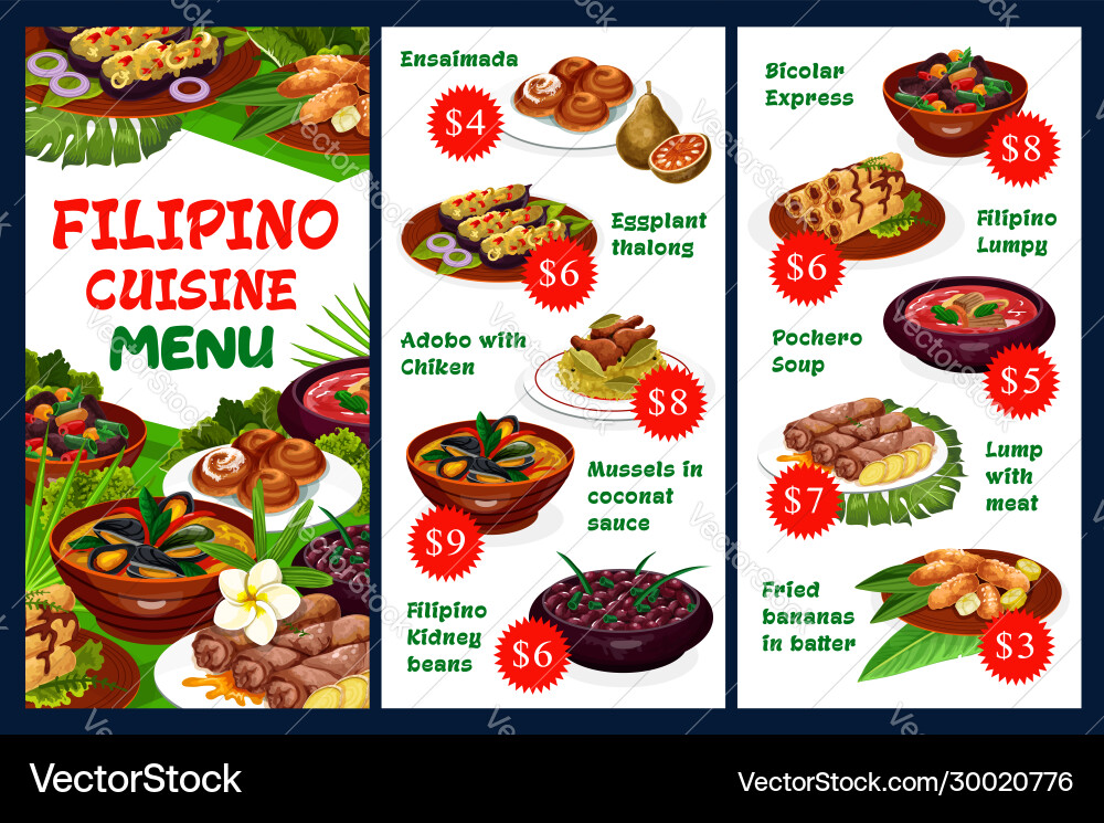 Filipino restaurant menu traditional cuisine vector image