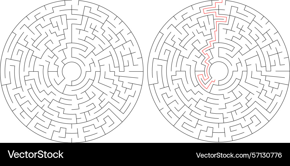 Mazes one solved with a red path Mazes one solved with a red path vector image