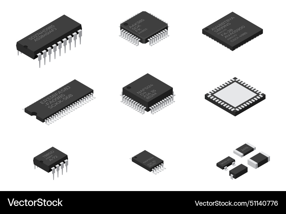 Set of microchip computer electronic components Set of microchip computer electronic components vector image