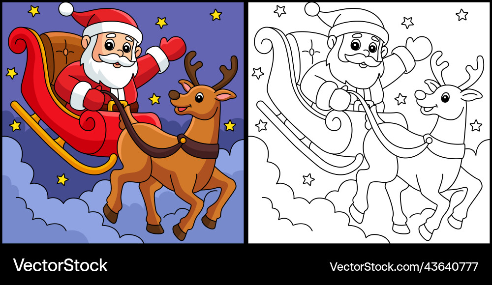 Christmas santa sleigh and reindeer coloring page Christmas santa sleigh and reindeer coloring page vector image