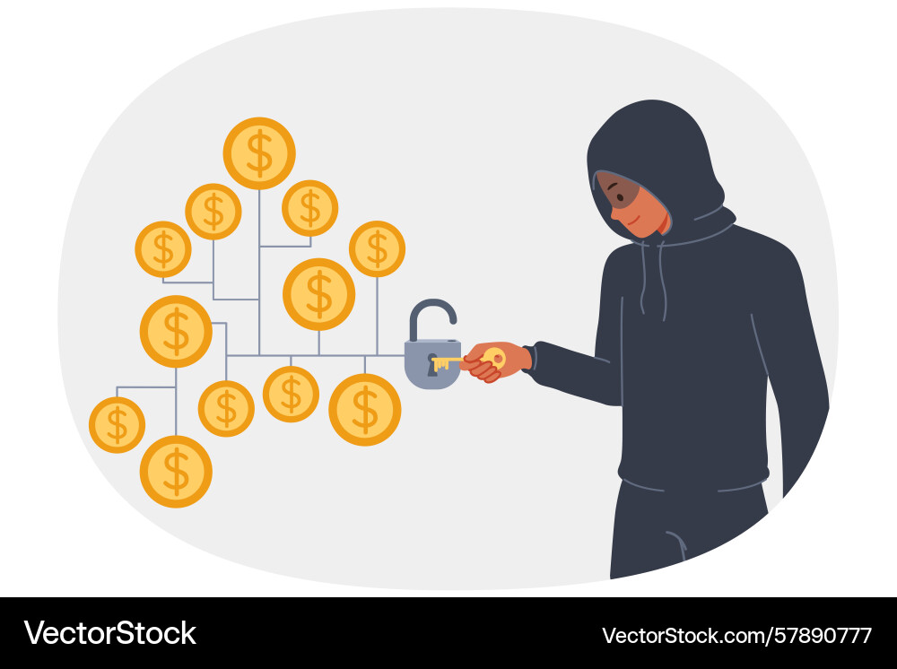Man hacker hacks crypto vault with money to steal Man hacker hacks crypto vault with money to steal Vector Image