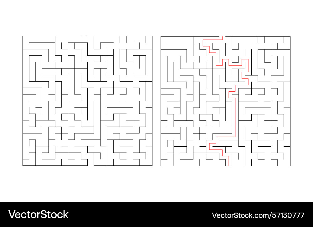 Mazes one solved with a red path Mazes one solved with a red path Vector Image