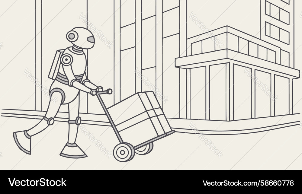 Android robot pushing a cart in urban environment Vector Image