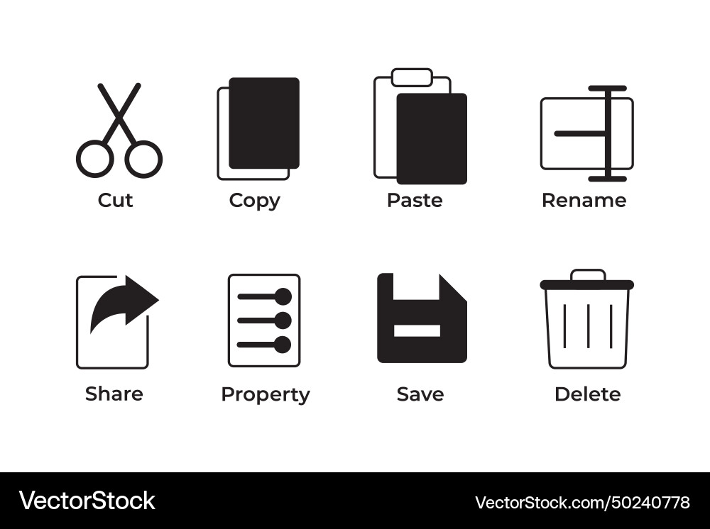 Cut copy paste rename share save and delete Cut copy paste rename share save and delete vector image