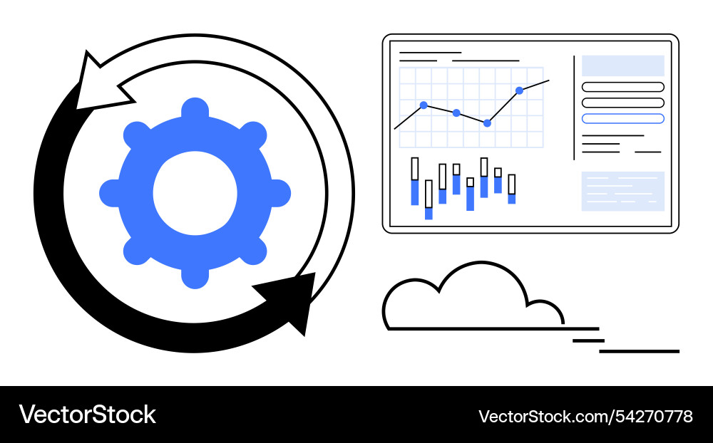 Gear with arrows and data charts symbolizing Gear with arrows and data charts symbolizing vector image