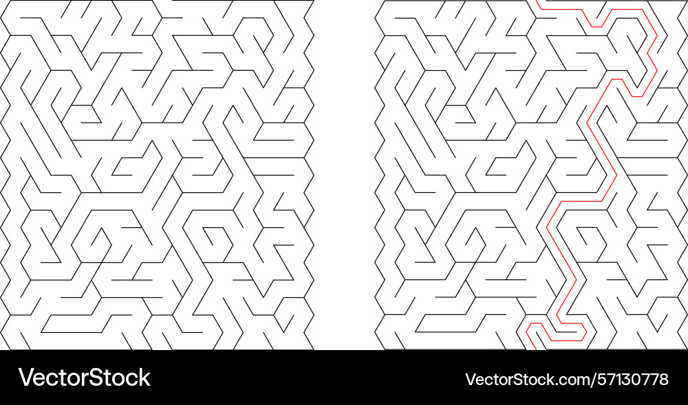 Mazes one solved with a red path Mazes one solved with a red path vector image