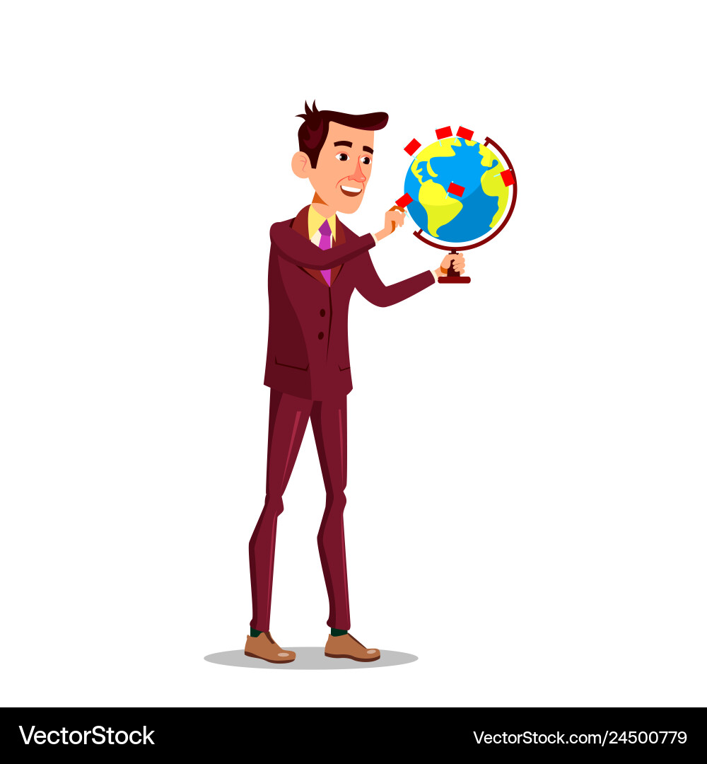 Businessman with a globe and pointer mark flag Businessman with a globe and pointer mark flag vector image
