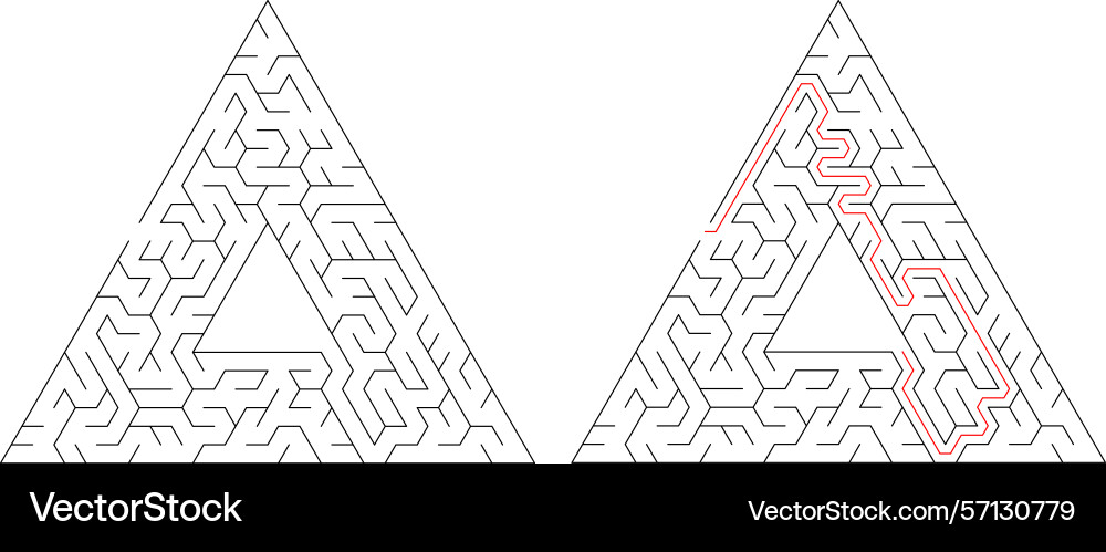 Mazes one solved with a red path Mazes one solved with a red path vector image