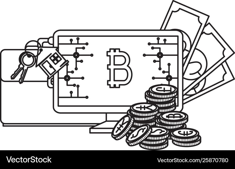 Desktop computer with bitcoin commerce Desktop computer with bitcoin commerce Vector Image