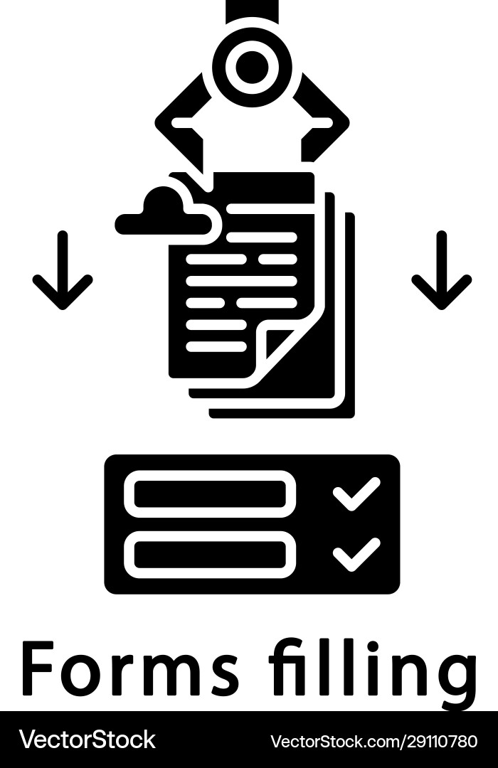 Forms filling glyph icon robot inputting data Forms filling glyph icon robot inputting data vector image