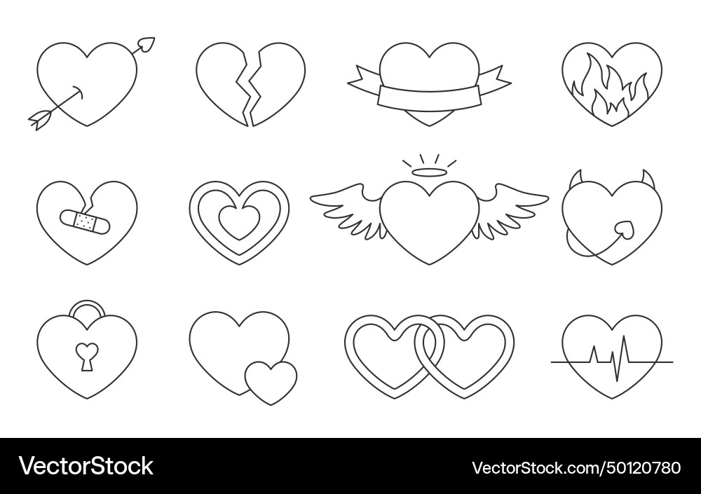 Liebe Herz-Ikone Heilige Valentinstag schwarze Linie Set Liebe Herz-Ikone Heilige Valentinstag schwarze Linie Set vektorbild