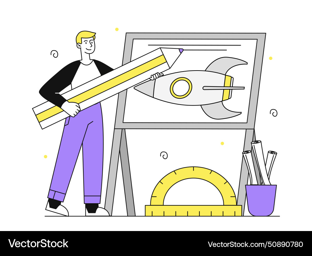Man design rocket linear vector image