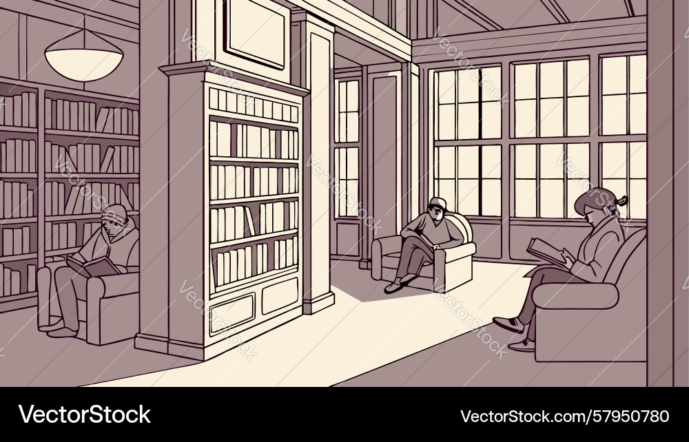 Man Reading in Library Vector Image
