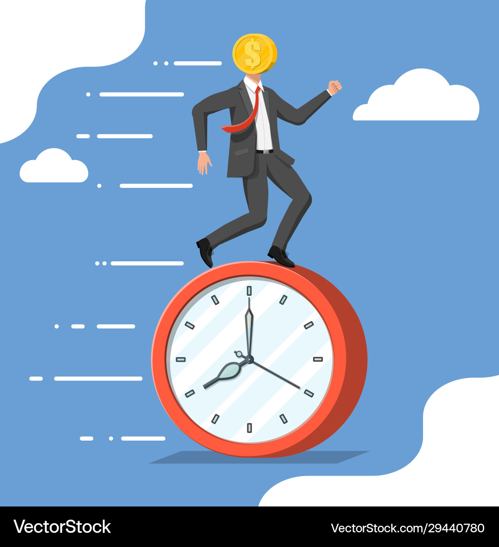 Running businessman with head clock coin Running businessman with head clock coin Vector Image