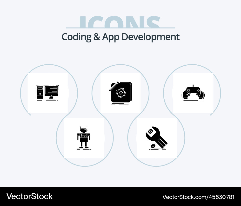 Coding and app development glyph icon pack 5 vector image