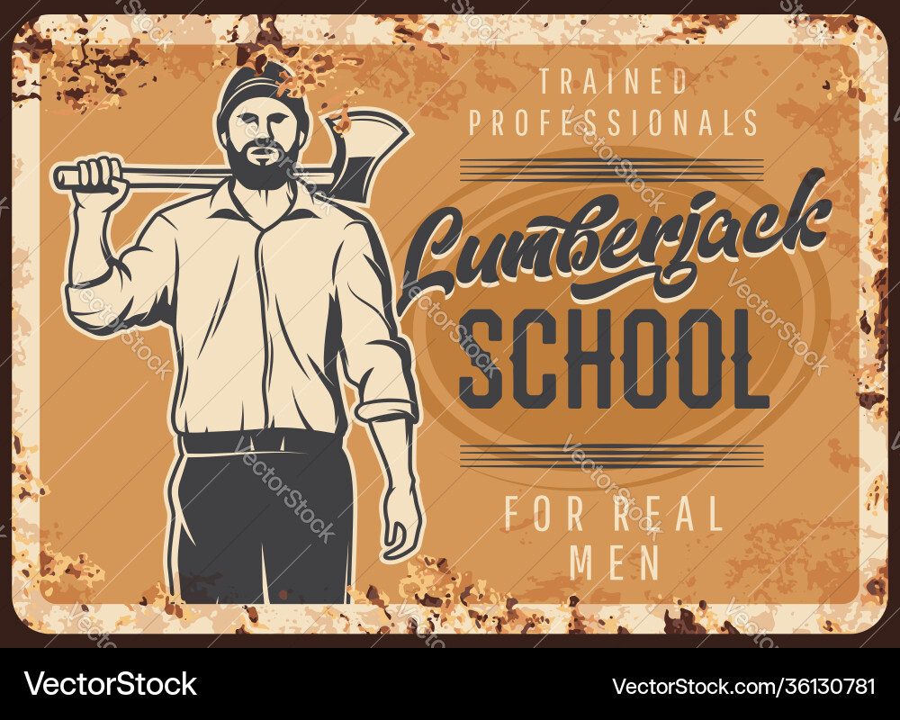 Lumberjack school metal rusty plate woodwork Lumberjack school metal rusty plate woodwork vector image