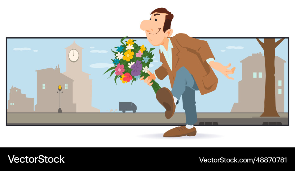 Man with bouquet goes on date for internet Vector Image