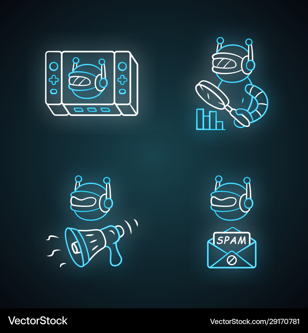 Web robots neon light icons set game propaganda Web robots neon light icons set game propaganda vector image