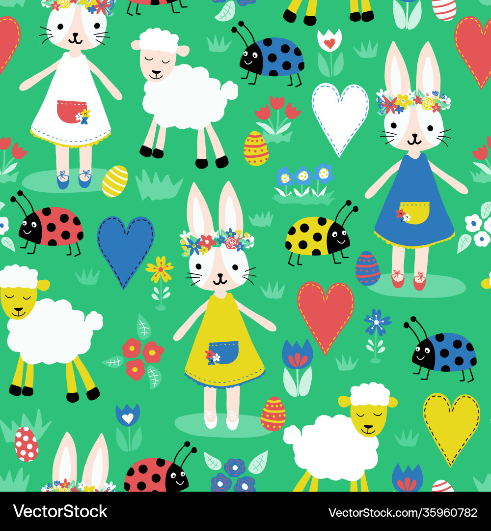 Cute easter pattern with bunnies sheep ladybugs Cute easter pattern with bunnies sheep ladybugs vector image
