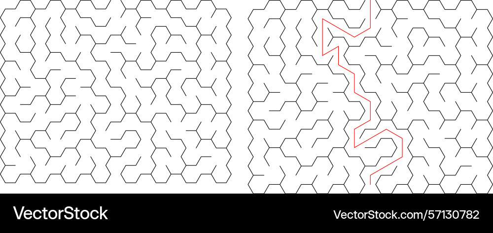 Mazes one solved with a red path Mazes one solved with a red path vector image