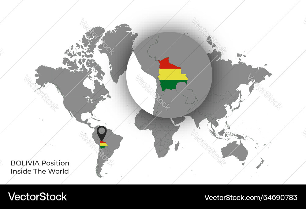 Bolivia position inside the world with flag in map Vector Image