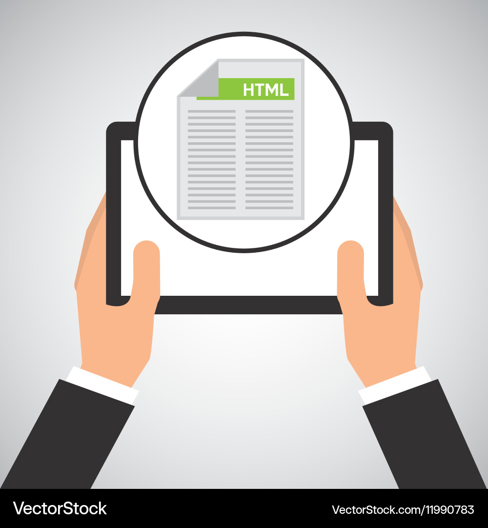 Hand holds tablet html language document Vector Image