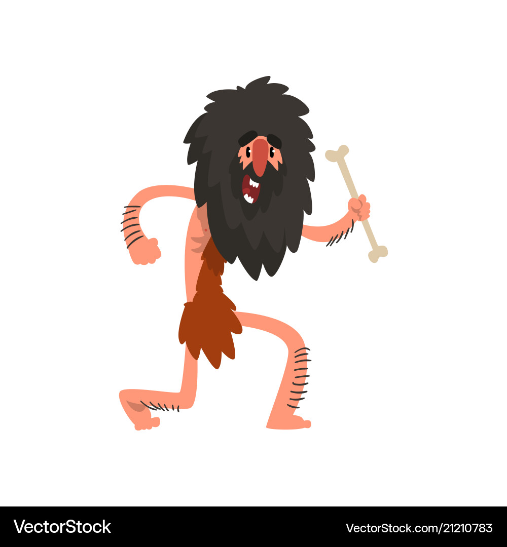 Primitive long haired caveman running with bone Vector Image