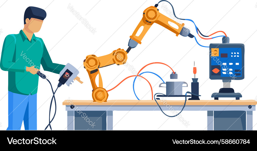 Engineer working with a robotic arm in factory Vector Image
