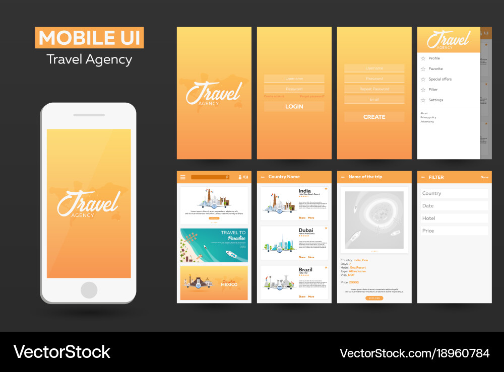 Mobile App Reisebüro Material Design ui ux Vektorbild