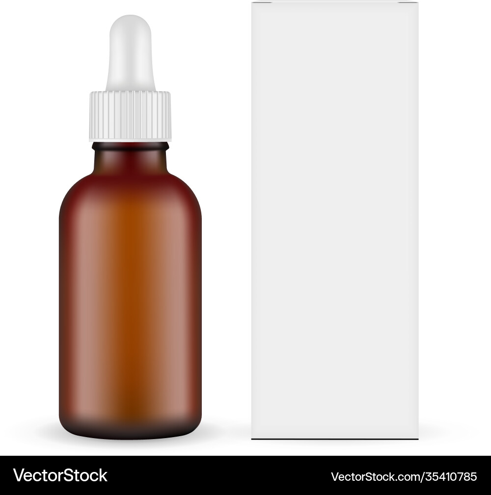 Frosted dark glass dropper bottle with box front Frosted dark glass dropper bottle with box front vector image