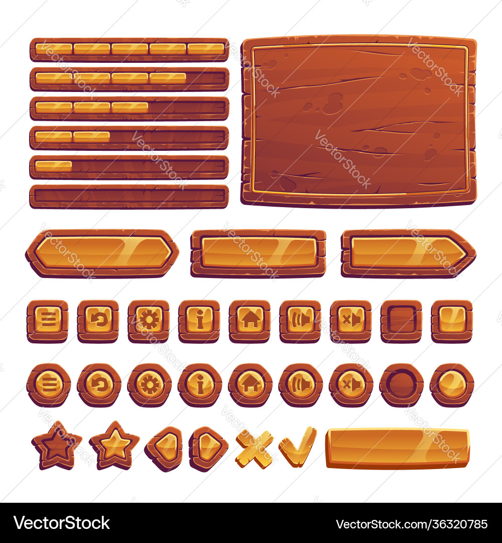 Wooden UI Buttons & Elements vector image