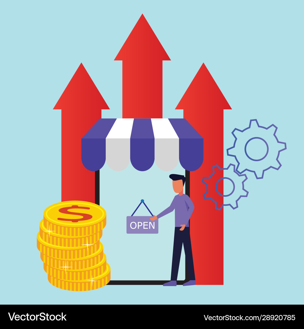 Young businessman opened his shop business Young businessman opened his shop business vector image