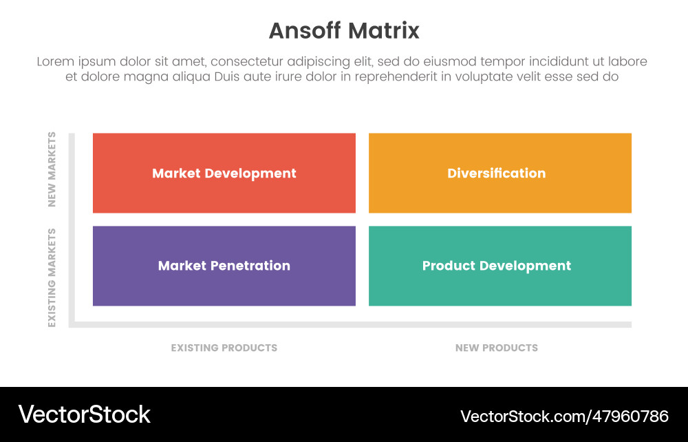 Ansoff matrix framework growth initiatives Ansoff matrix framework growth initiatives vector image