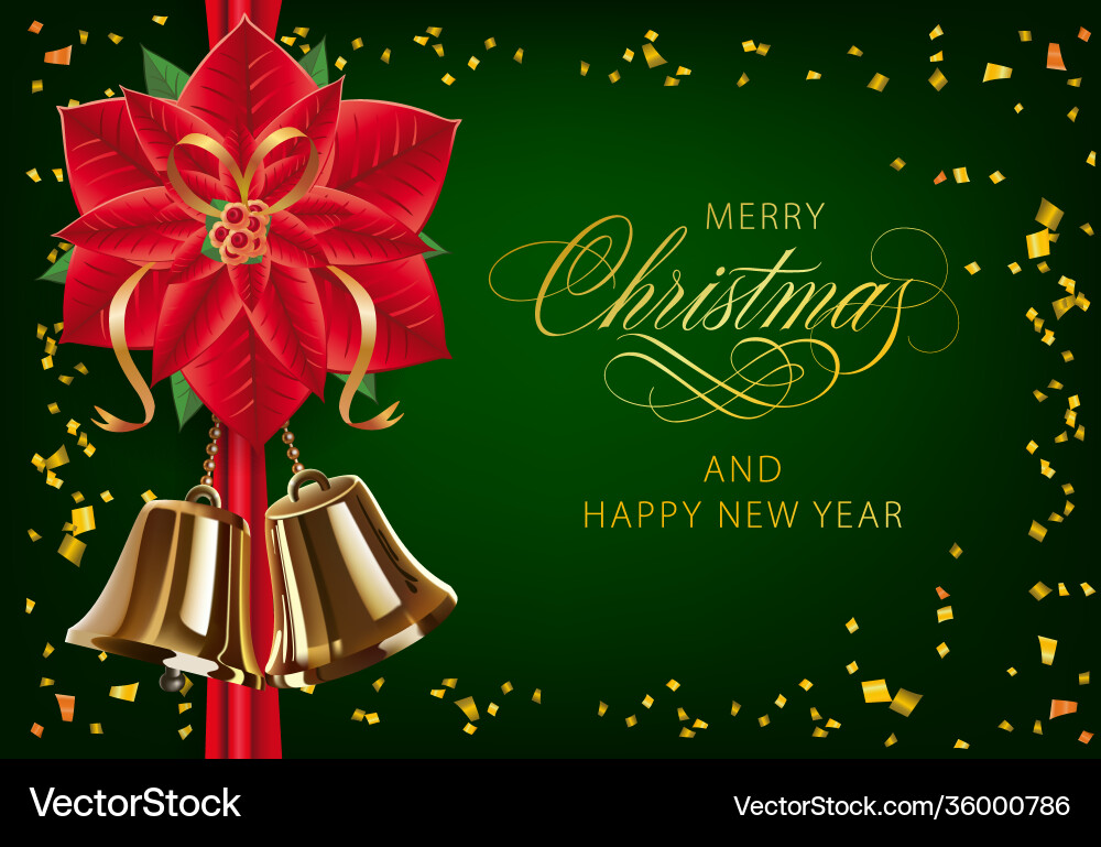 Frohe Weihnachten mit Poinsettia und goldenen Glocken Frohe Weihnachten mit Poinsettia und goldenen Glocken vektorbild