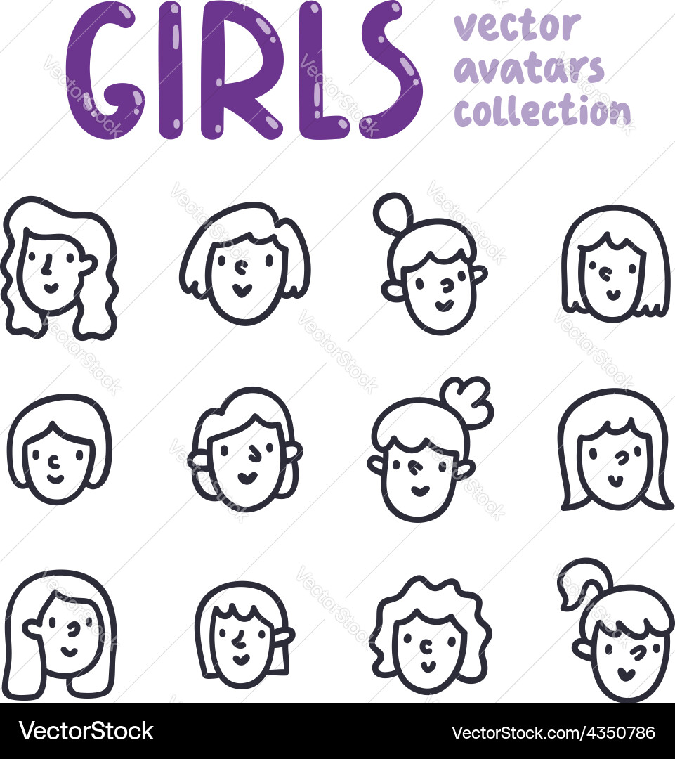 Girls outline avatars collection Royalty Free Vector Image