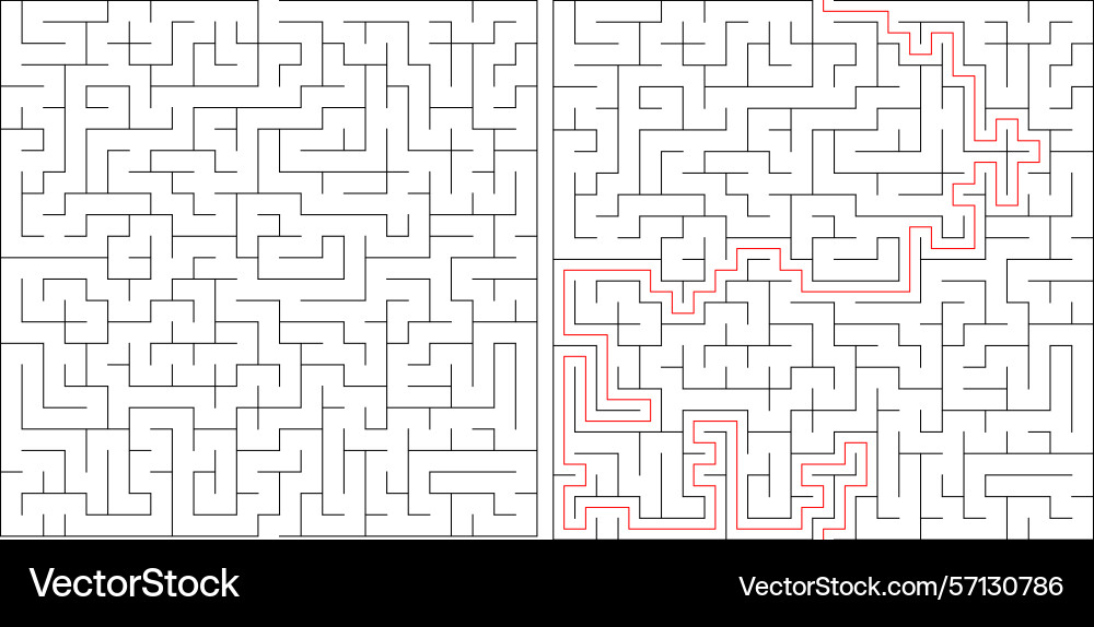 Mazes one solved with a red path Mazes one solved with a red path Vector Image