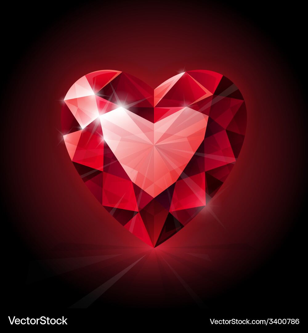 Red shining ruby heart shape on dark background vector image