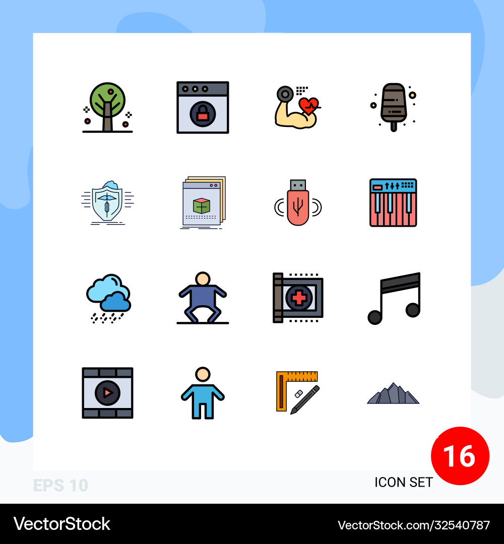16 universal flat color filled lines set for web vector image