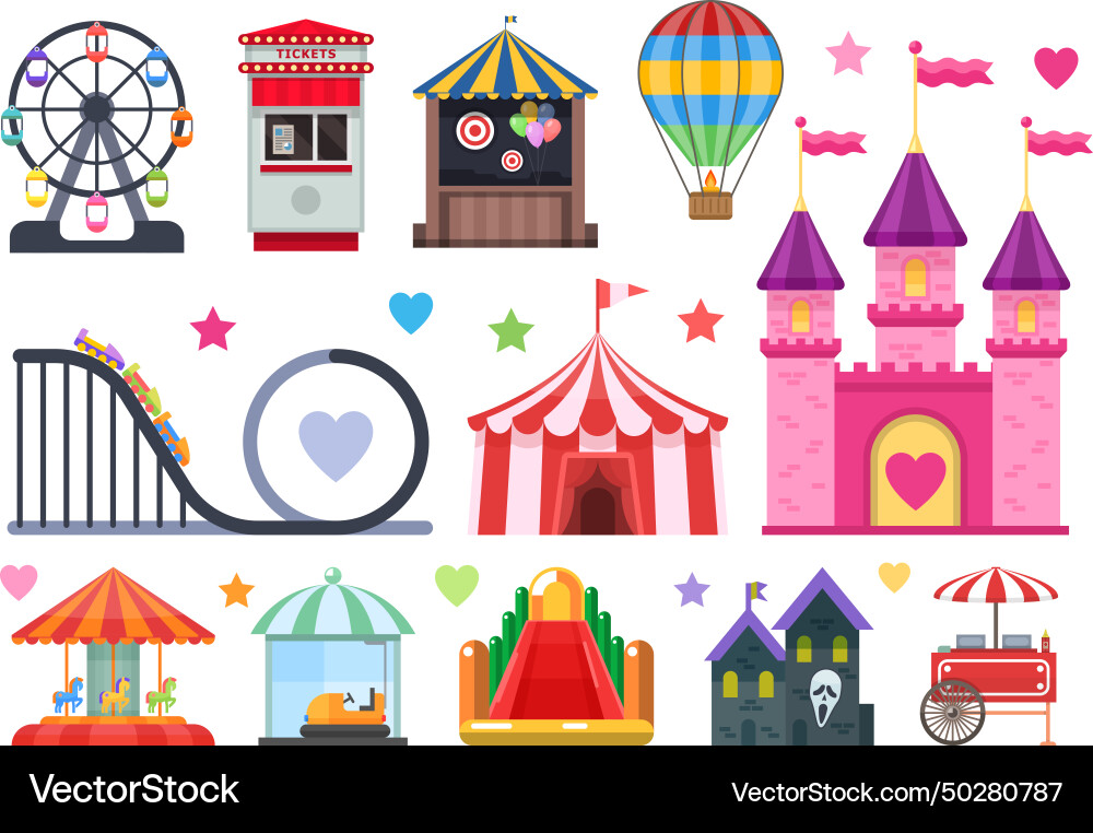 Amusement park colorful objects set Amusement park colorful objects set Vector Image