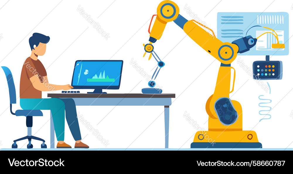 Person controlling a robotic arm via computer Vector Image