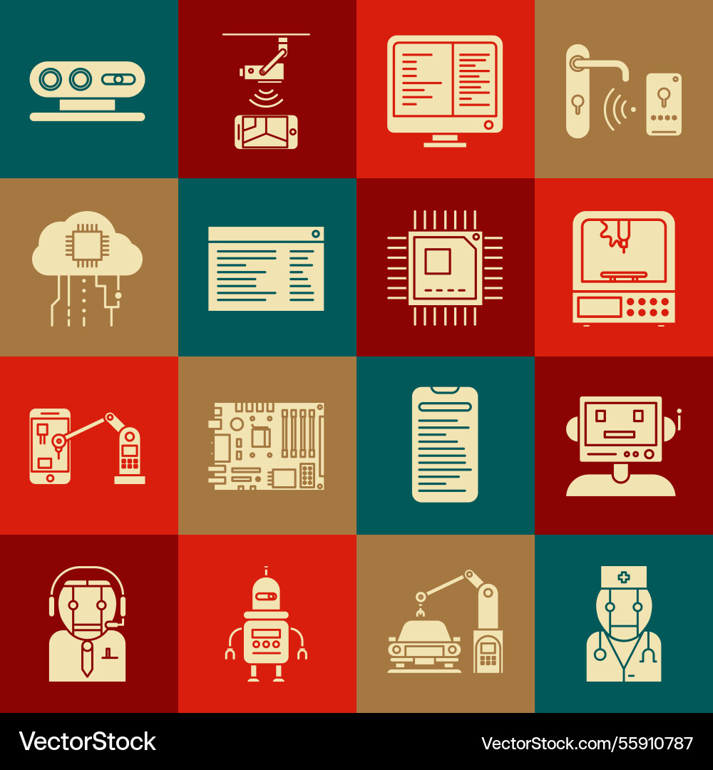 Set robot doctor 3d printer computer monitor Vector Image