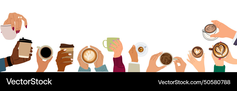 Border background with different hand holding cups