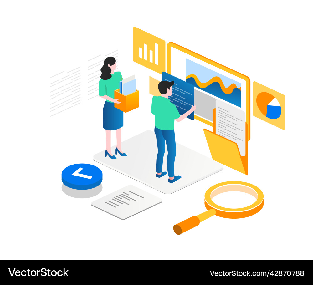 Concept of isometric team analyzing data Concept of isometric team analyzing data vector image