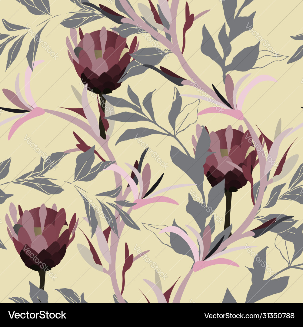 Zeichnen einer rosa Protea Blume in Cremeblättern Zeichnen einer rosa Protea Blume in Cremeblättern vektorbild