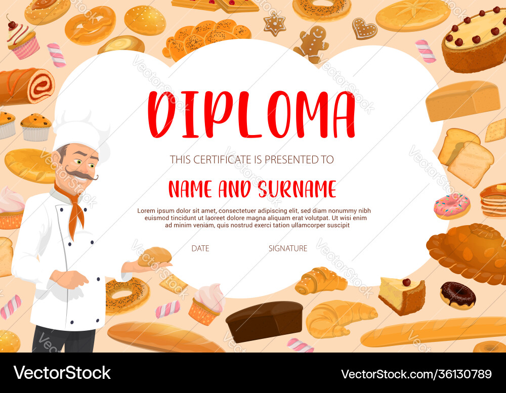 Baker bakery or pastry shop diploma template Baker bakery or pastry shop diploma template vector image