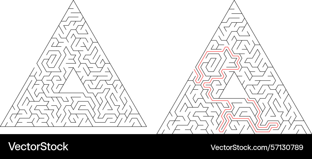 Mazes one solved with a red path Mazes one solved with a red path vector image