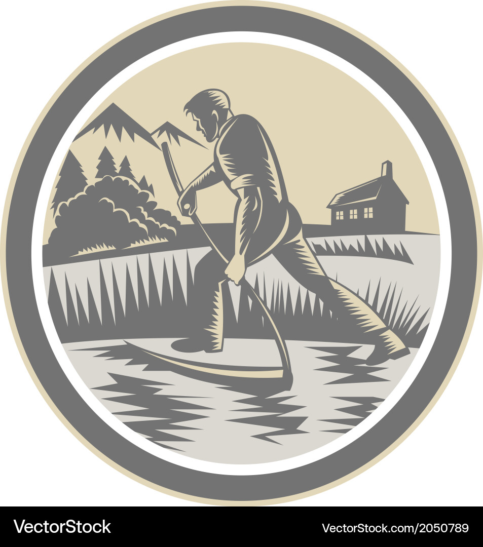 Organic farmer reaping using scythe retro Vector Image